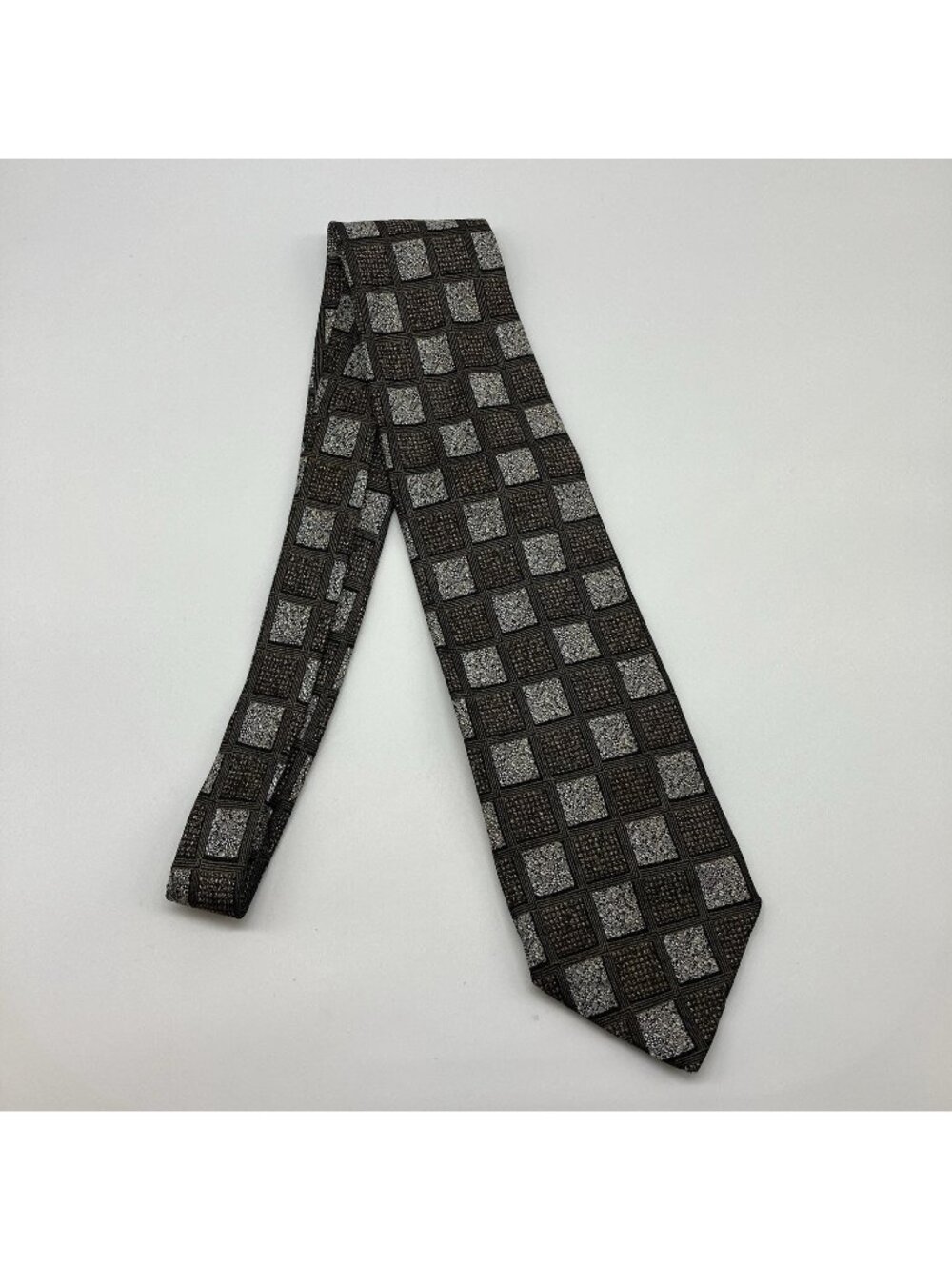 Bachrach Silk Tie Geometric Checkered Black Silver Gold Made in Italy 59”